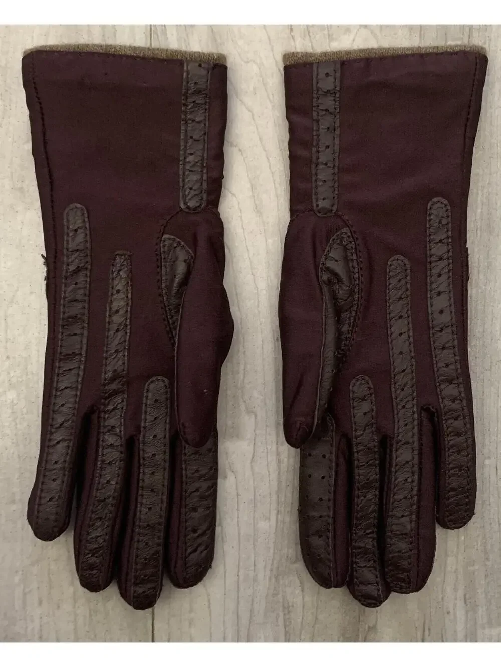 Aris Isotoner Cashmere Lined Gloves Plum Chevron Leather Trim One Size Vintage - Picture 2 of 4